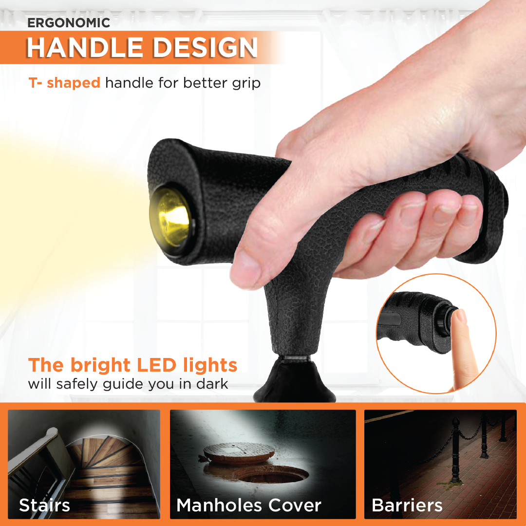 VISSCO Walking Stick for Elderly with LED Torch Light | Adjustable, Lightweight Aluminium Cane for Men & Women | Non-Slip Grip & Anti-Skid Rubber Ferrule for Indoor & Outdoor Safety