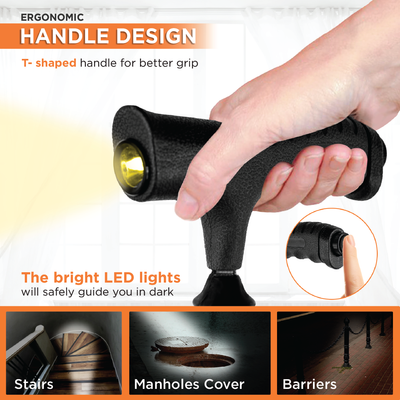 VISSCO Walking Stick for Elderly with LED Torch Light | Adjustable, Lightweight Aluminium Cane for Men & Women | Non-Slip Grip & Anti-Skid Rubber Ferrule for Indoor & Outdoor Safety