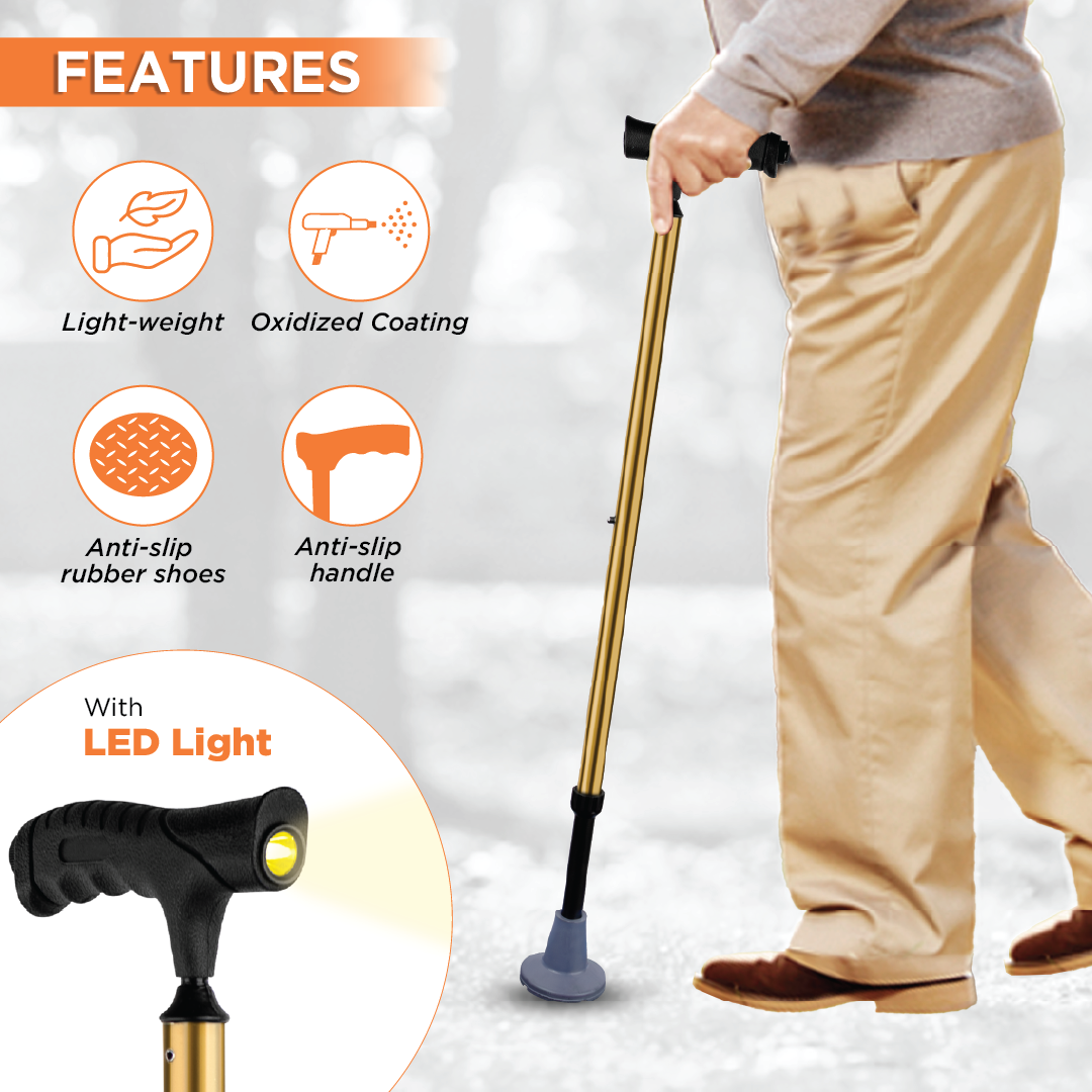 VISSCO Walking Stick for Elderly with LED Torch Light | Adjustable, Lightweight Aluminium Cane for Men & Women | Non-Slip Grip & Anti-Skid Rubber Ferrule for Indoor & Outdoor Safety