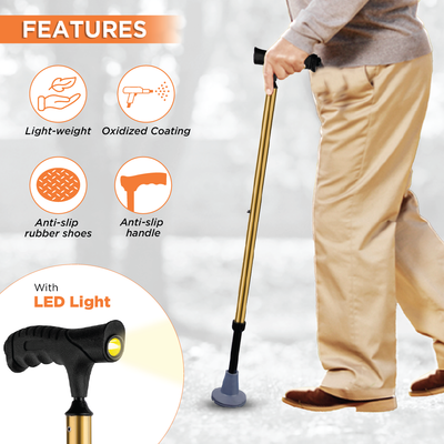 VISSCO Walking Stick for Elderly with LED Torch Light | Adjustable, Lightweight Aluminium Cane for Men & Women | Non-Slip Grip & Anti-Skid Rubber Ferrule for Indoor & Outdoor Safety