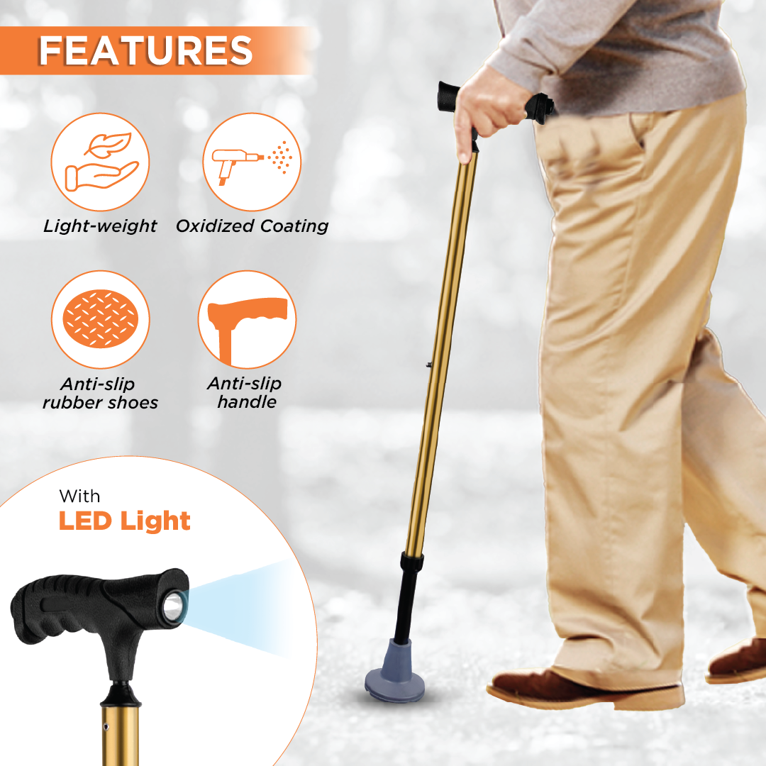 VISSCO Walking Stick for Elderly with LED Torch Light | Adjustable, Lightweight Aluminium Cane for Men & Women | Non-Slip Grip & Anti-Skid Rubber Ferrule for Indoor & Outdoor Safety