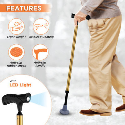 VISSCO Walking Stick for Elderly with LED Torch Light | Adjustable, Lightweight Aluminium Cane for Men & Women | Non-Slip Grip & Anti-Skid Rubber Ferrule for Indoor & Outdoor Safety