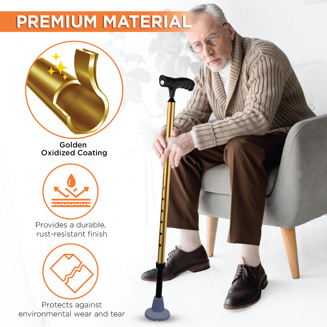 VISSCO Walking Stick for Elderly with LED Torch Light | Adjustable, Lightweight Aluminium Cane for Men & Women | Non-Slip Grip & Anti-Skid Rubber Ferrule for Indoor & Outdoor Safety