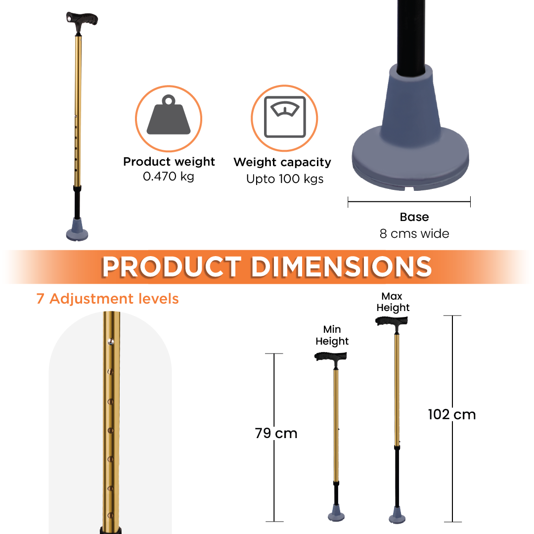 VISSCO Walking Stick for Elderly with LED Torch Light | Adjustable, Lightweight Aluminium Cane for Men & Women | Non-Slip Grip & Anti-Skid Rubber Ferrule for Indoor & Outdoor Safety