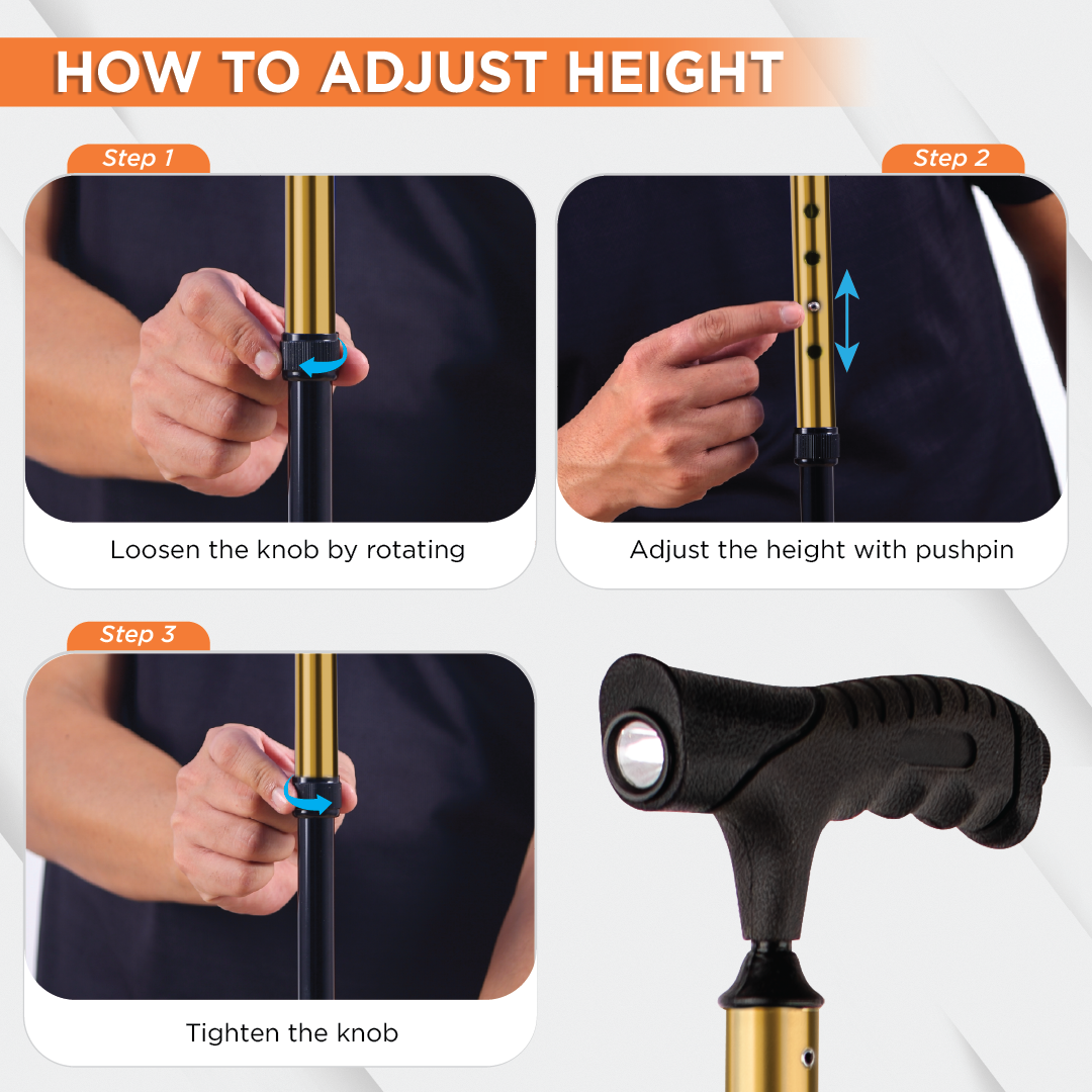 VISSCO Walking Stick for Elderly with LED Torch Light | Adjustable, Lightweight Aluminium Cane for Men & Women | Non-Slip Grip & Anti-Skid Rubber Ferrule for Indoor & Outdoor Safety