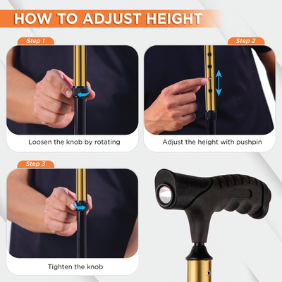 VISSCO Walking Stick for Elderly with LED Torch Light | Adjustable, Lightweight Aluminium Cane for Men & Women | Non-Slip Grip & Anti-Skid Rubber Ferrule for Indoor & Outdoor Safety
