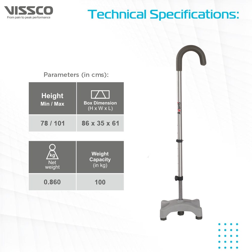Vissco Avanti Walking Stick - Quadripod, U-Shaped | Aluminum