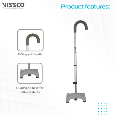 Avanti U Shape Quadripod Stick | Walkig Stick with Adjustable Height | Light Weight | 4 Legged Base (Grey)