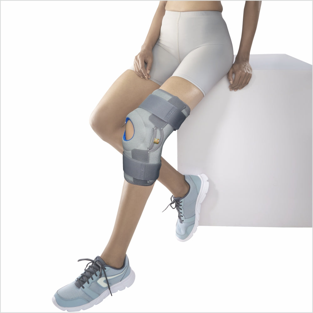 Neoprene Hinged Patella Knee Brace | Provides moderate support & stability to the Knee - (OPEN TYPE) - Grey (Single Piece)