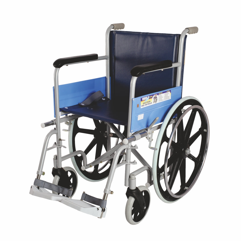 Classic Wheelchair With Fixed Big Wheel | Folding Mechanism & Fixed Armrest for Elderly & Physically Challenged | Weight Bearing Capacity 110kg (Grey) - Vissco Next