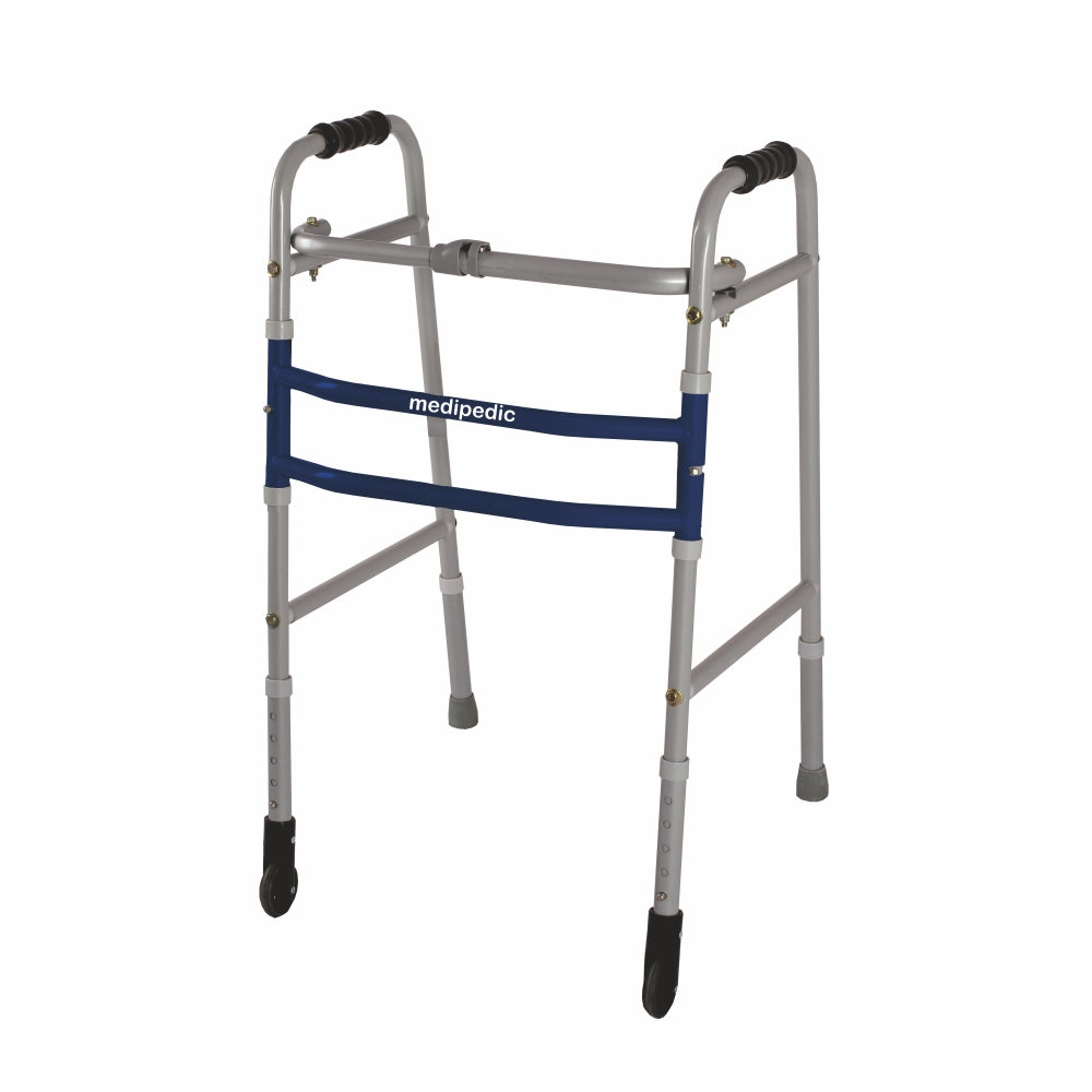 Medipedic Walker with Straight Castor - Single Bar for Physically Challenged | Mild Steel | Foldable | Light Weight & Adjustable Height (Grey) - Vissco Next