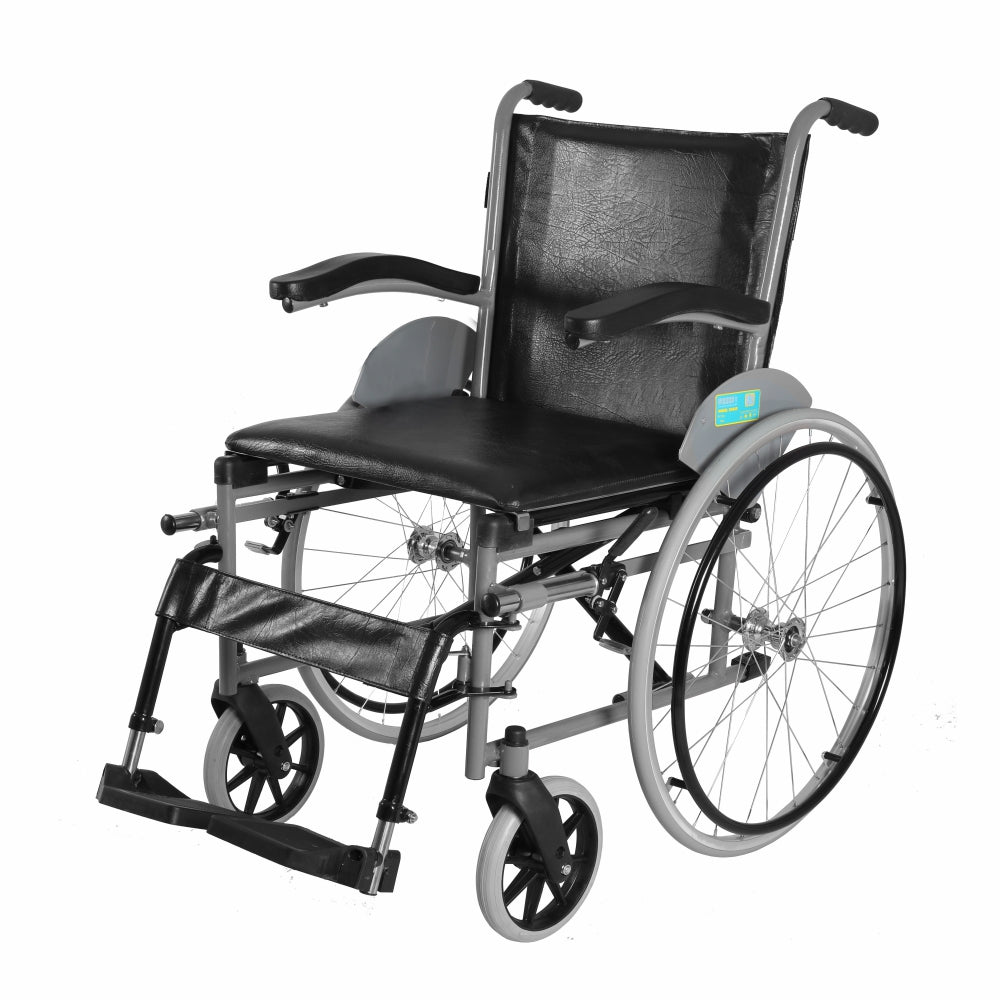 Imperio Wheelchair with Fixed Big Wheels (Spoke) | Fixed Armrest | Foldable | Weight Bearing Capacity 110kg | Color (Blue/Grey) - Vissco Rehabilitation 