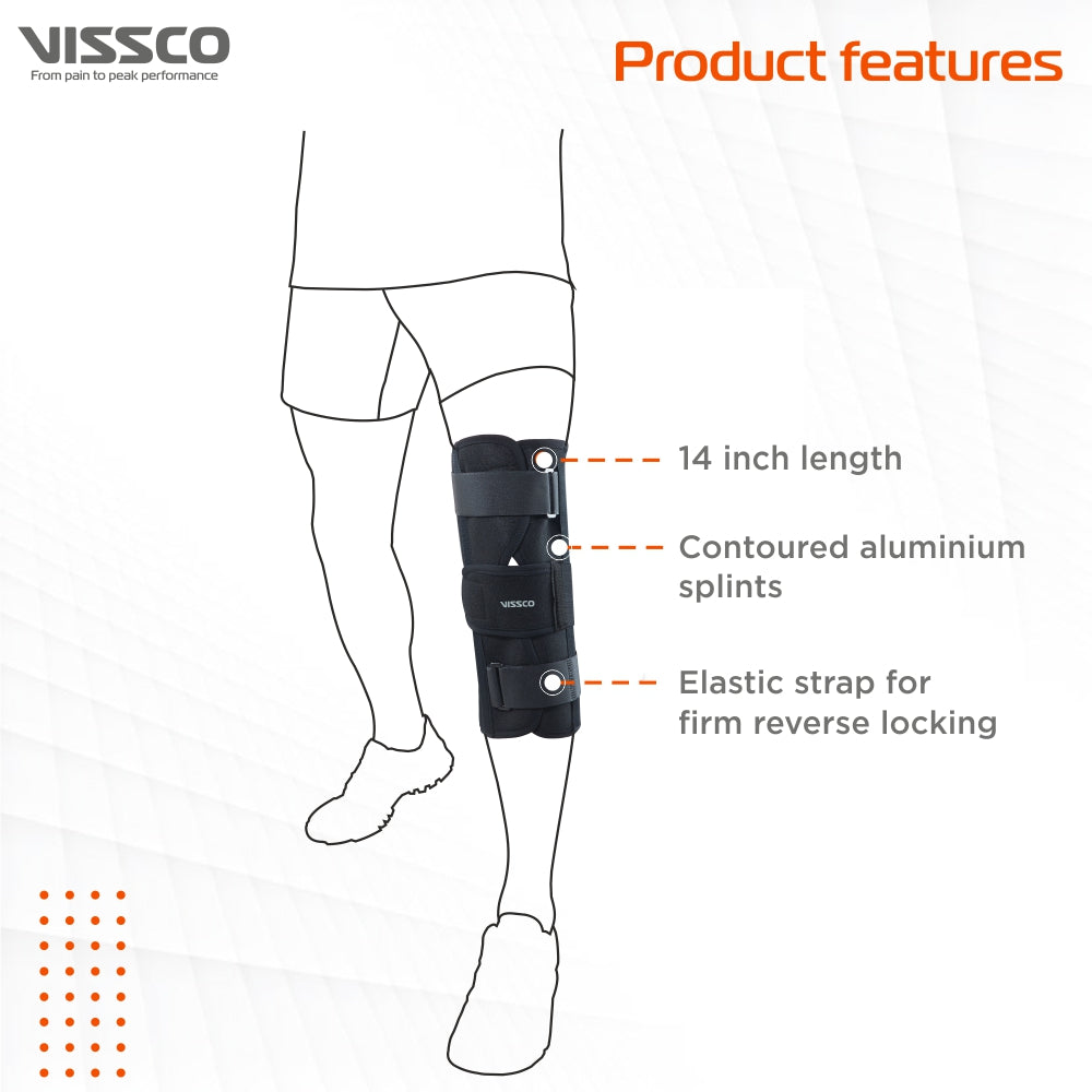 Knee Stabler - Short (14" Brace) | Ideal firm Knee support that limits knee motion & stabilizes the knee with mediolateral metal supports | Color - Black - Vissco Rehabilitation 