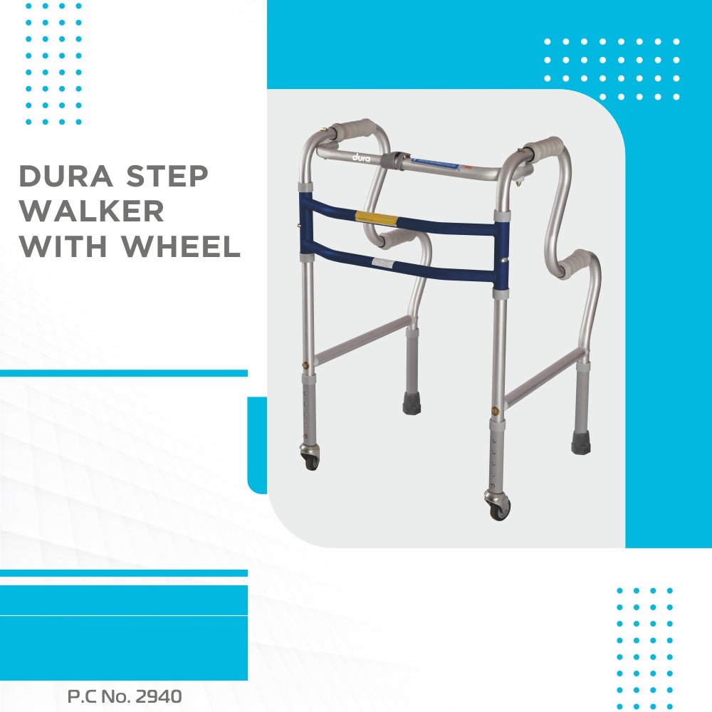 Dura Step Walker (Aluminium) with Wheel | Foldable Walking Aid | Adjustable Height | Light Weight | With Premium Grade Rubber Shoes and PVC Grip (Grey)