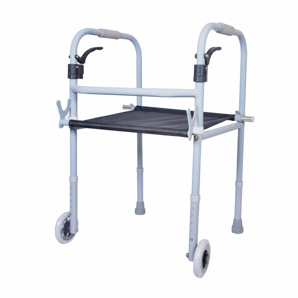 Dura Step Walker (Aluminium) with Seat | Foldable Walking Aid | Adjustable Height | Light Weight | With 5” Big Straight Wheels and PVC Grip (Grey)