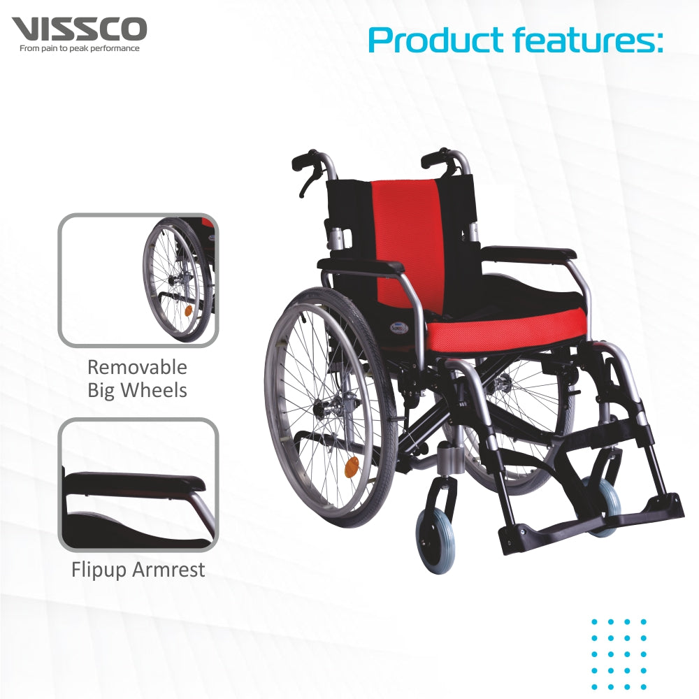 Superio Aluminium Wheelchair with Removable Big Wheels | Folding Mechanism & Flippable Armrest | Weight Bearing Capacity 110kg | Color (Multicolor) - Vissco Next