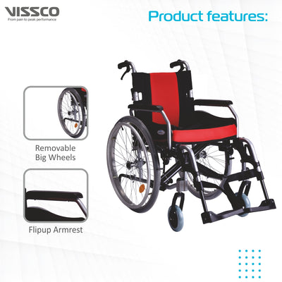 Superio Aluminium Wheelchair with Removable Big Wheels | Folding Mechanism & Flippable Armrest | Weight Bearing Capacity 110kg | Color (Multicolor) - Vissco Next