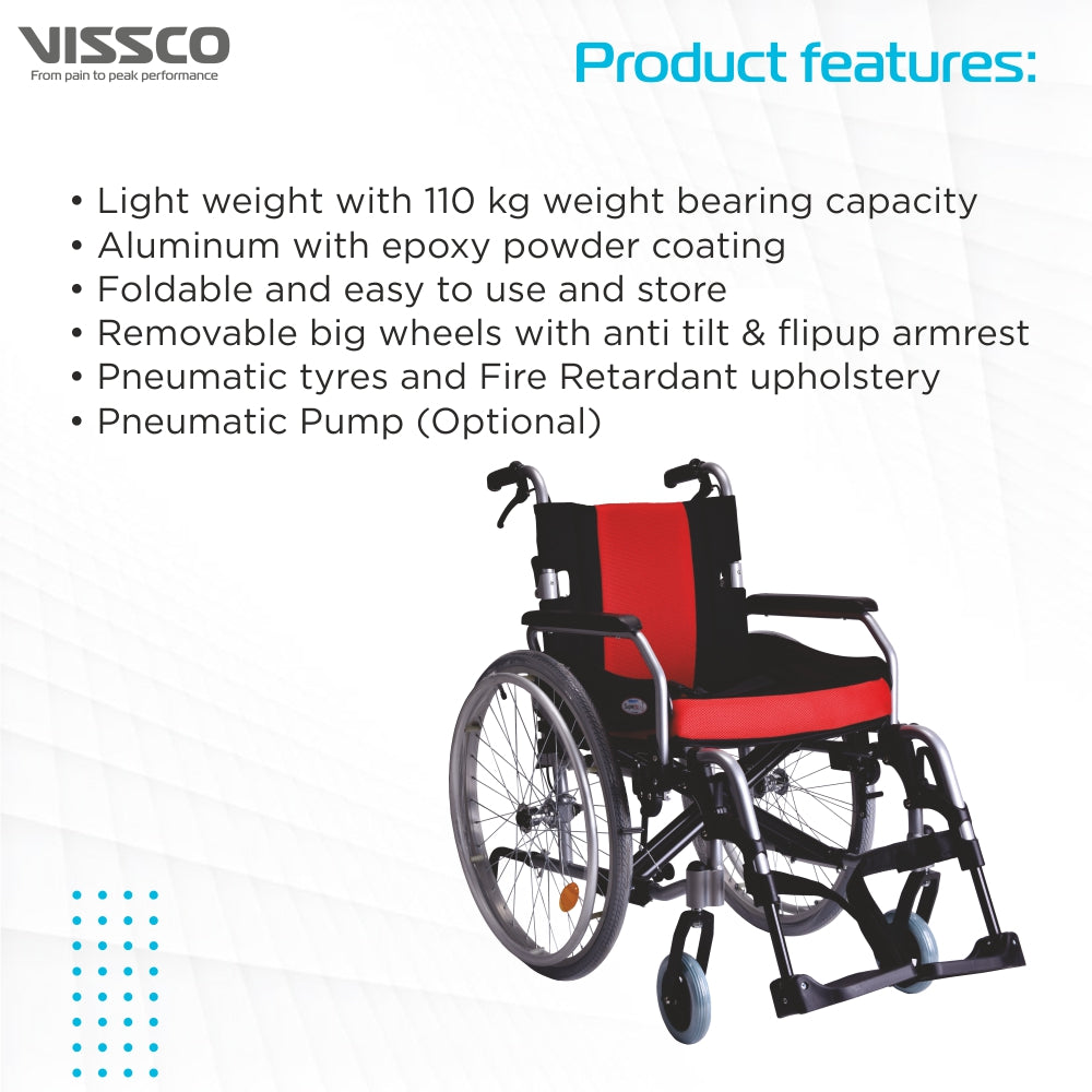 Superio Aluminium Wheelchair with Removable Big Wheels | Folding Mechanism & Flippable Armrest | Weight Bearing Capacity 110kg | Color (Multicolor) - Vissco Next
