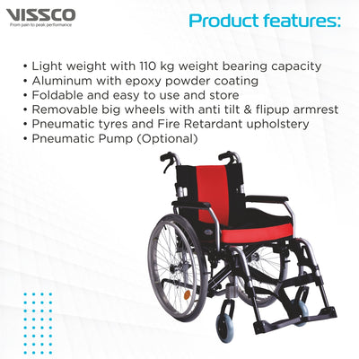 Superio Aluminium Wheelchair with Removable Big Wheels | Folding Mechanism & Flippable Armrest | Weight Bearing Capacity 110kg | Color (Multicolor) - Vissco Next