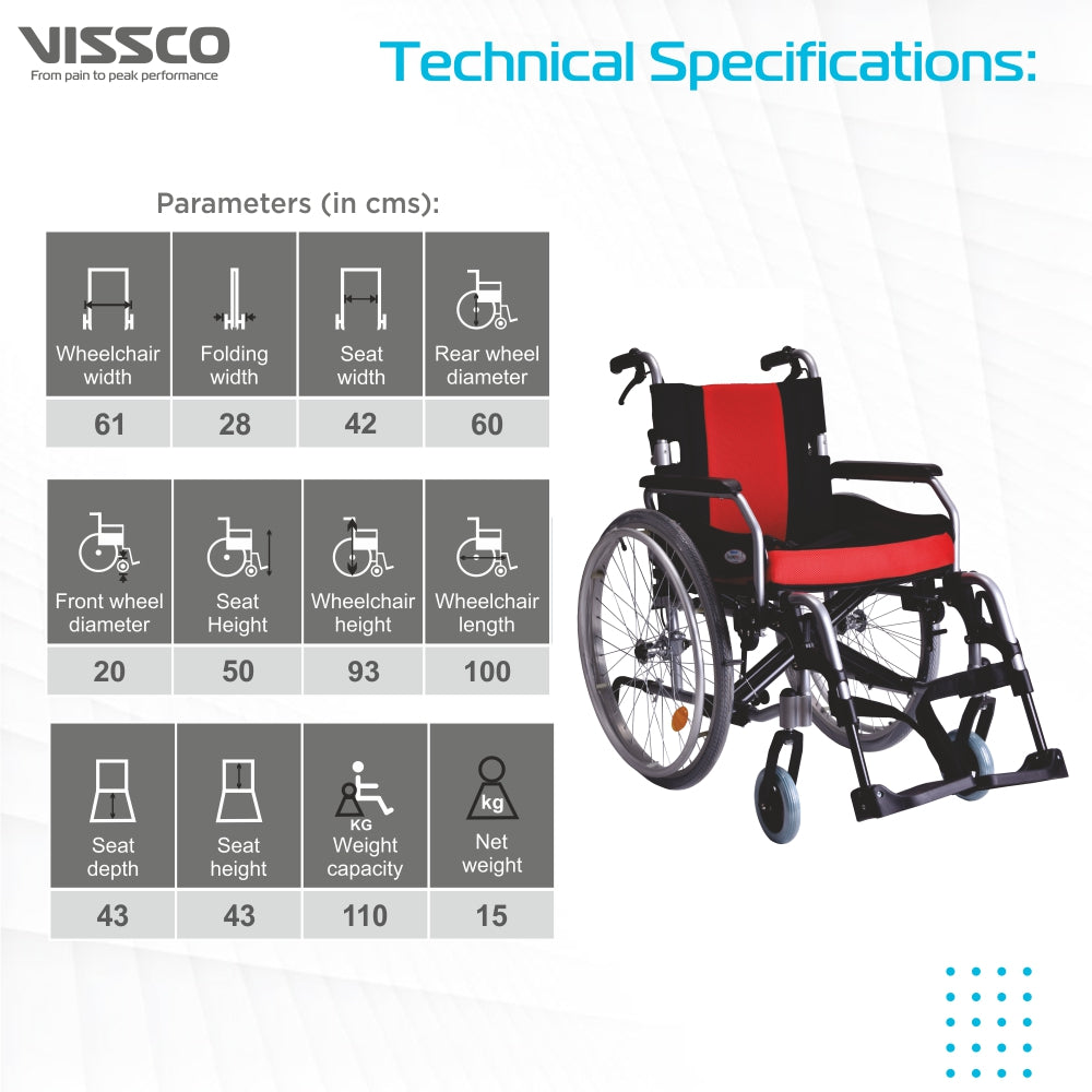 Superio Aluminium Wheelchair with Removable Big Wheels | Folding Mechanism & Flippable Armrest | Weight Bearing Capacity 110kg | Color (Multicolor) - Vissco Next
