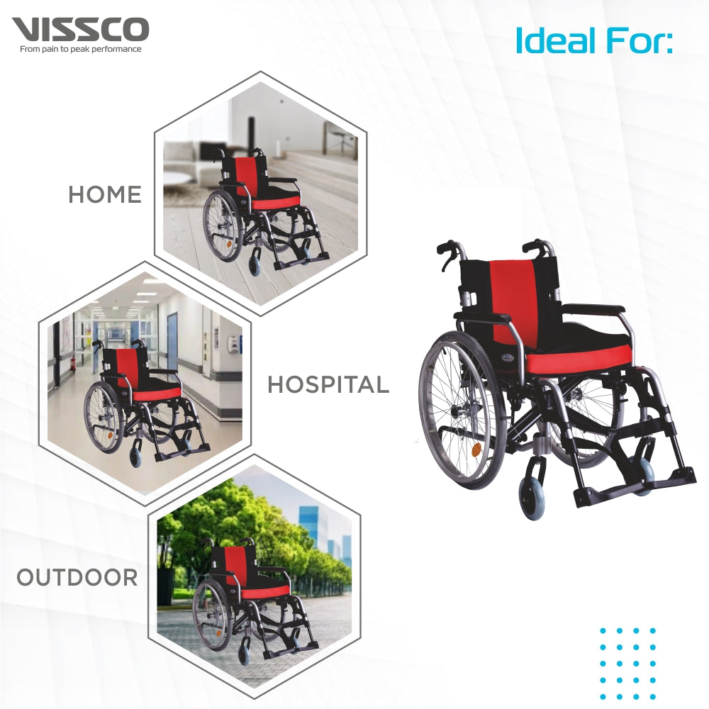 Superio Aluminium Wheelchair with Removable Big Wheels | Folding Mechanism & Flippable Armrest | Weight Bearing Capacity 110kg | Color (Multicolor) - Vissco Next