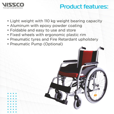Superio Aluminium Wheelchair with Fixed Wheels & Plastic Rim | Fixed Armrest | Foldable | Weight Bearing Capacity 110kg (Multicolor)