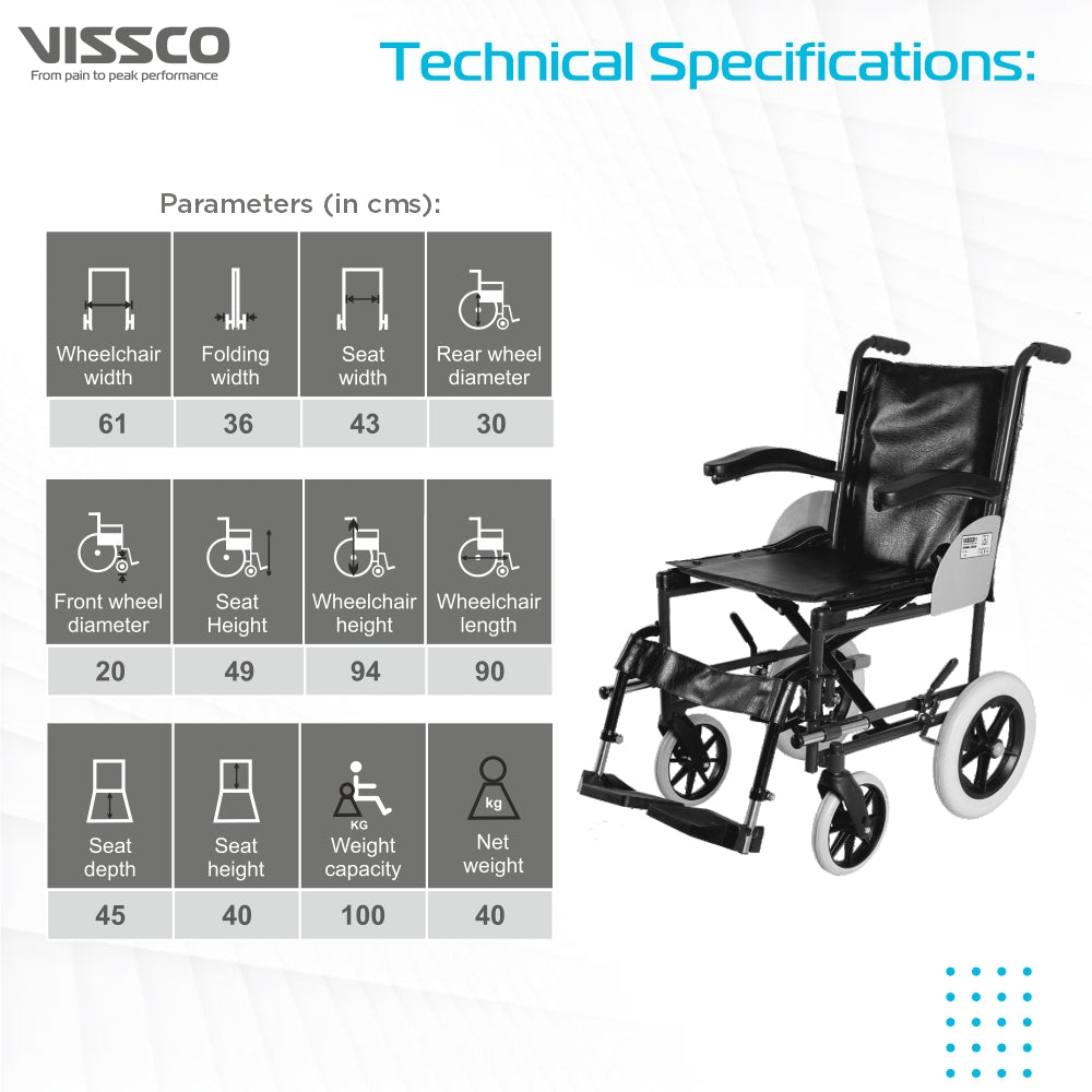 Imperio Wheelchair Institutional with 300mm Rear Wheels | Fixed Armrest | Foldable | Weight Bearing Capacity 100kg | Color (Blue/Grey) - Vissco Next