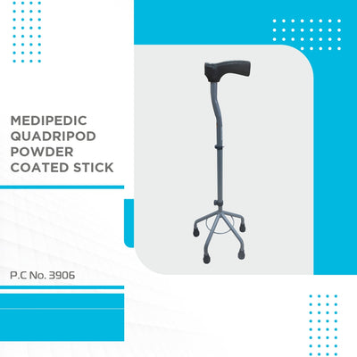 Medipedic Quadripod Powder Coated Stick for Physically Challeged | Light Weight & Adjustable Height (Grey)