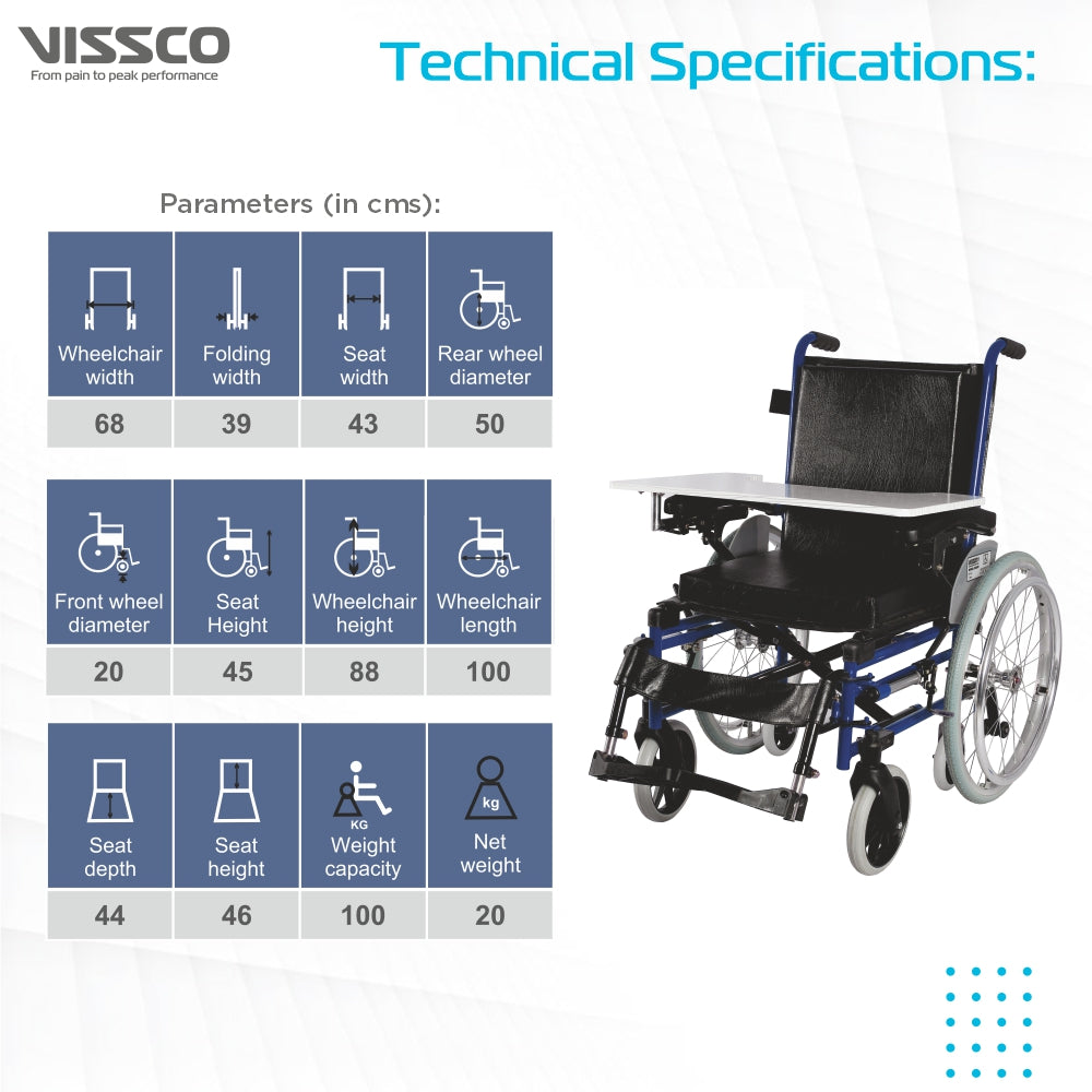 Champ Pediatric Wheelchair with Writing Pad for Children | Foldable | Pneumatic Tires For More Comfort | Weight Bearing Capacity Upto 100kg | Color (Blue/Grey) - Vissco Next