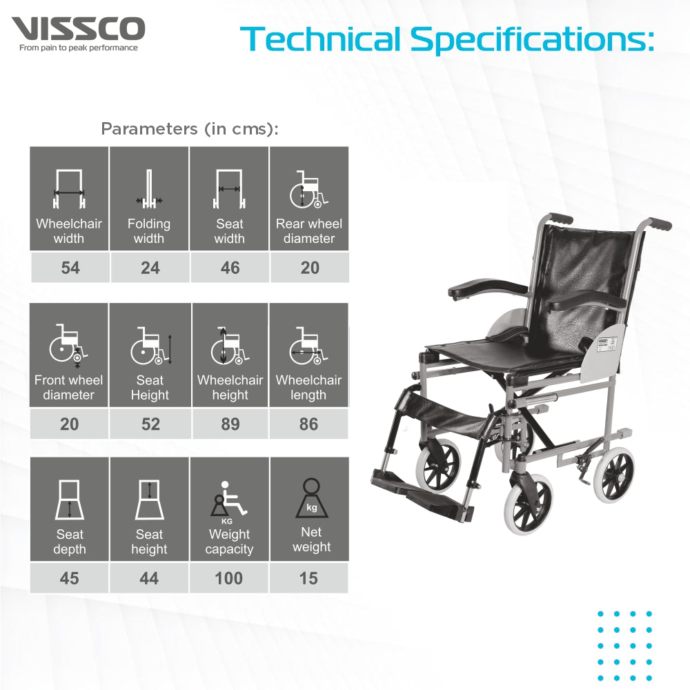 Imperio Wheelchair Institutional with 200mm Wheels | Fixed Armrest | Foldable | Weight Bearing Capacity 100kg | Color (Blue/Grey) - Vissco Next