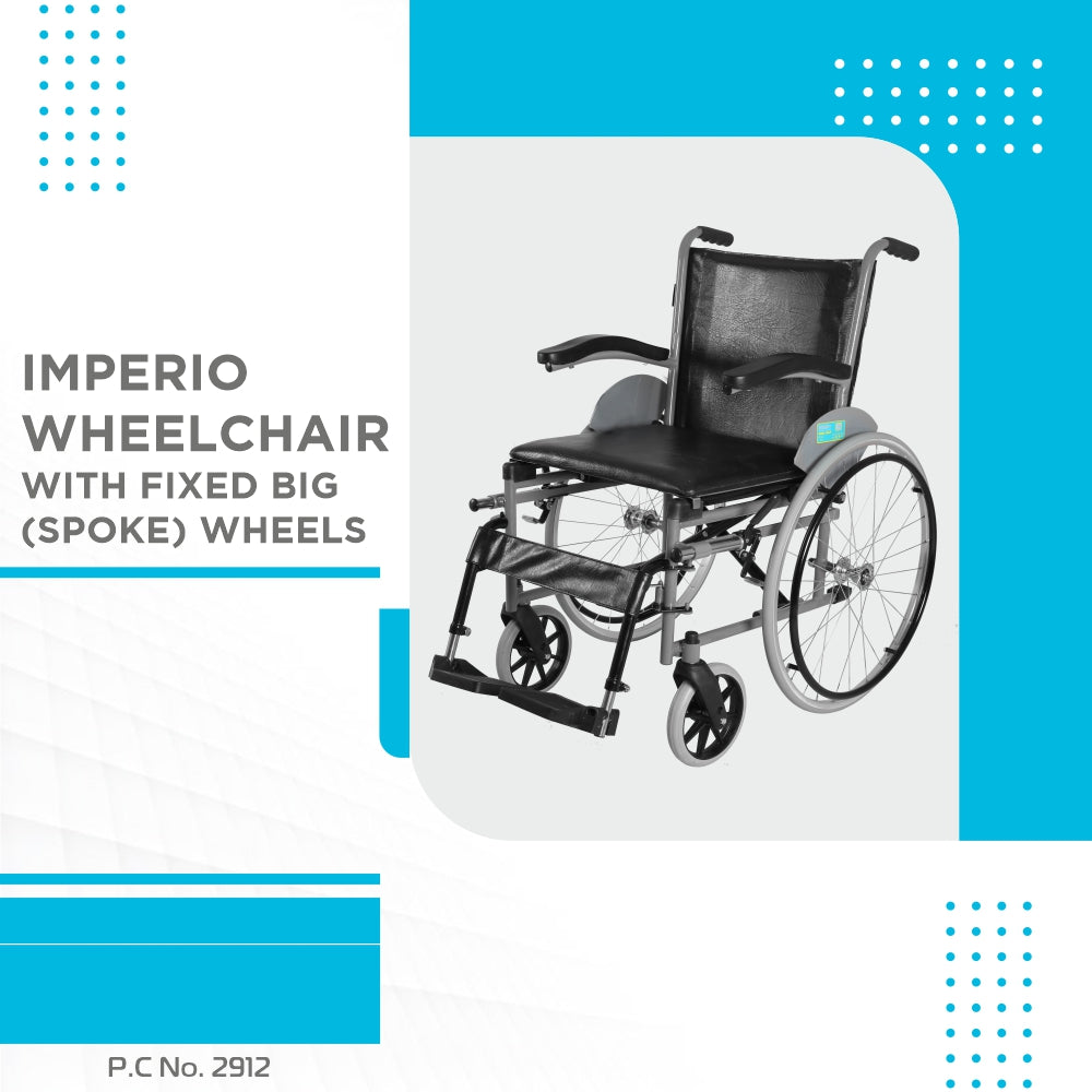 Imperio Wheelchair with Fixed Big Wheels (Spoke) | Fixed Armrest | Foldable | Weight Bearing Capacity 110kg | Color (Blue/Grey) - Vissco Next