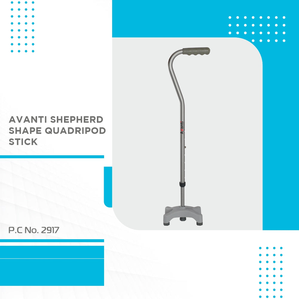 Avanti Sheperd Shape Quadripod Stick for Physically Challeged | Light Weight & Adjustable Height (Grey) - Vissco Next