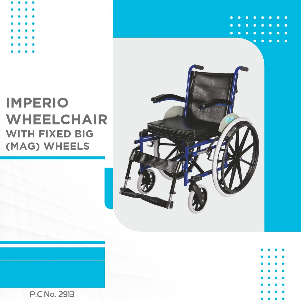 Imperio Wheelchair with Fixed Big Wheels (Mag) | Fixed Armrest | Foldable | Weight Bearing Capacity 110kg | Color (Blue/Grey) - Vissco Next