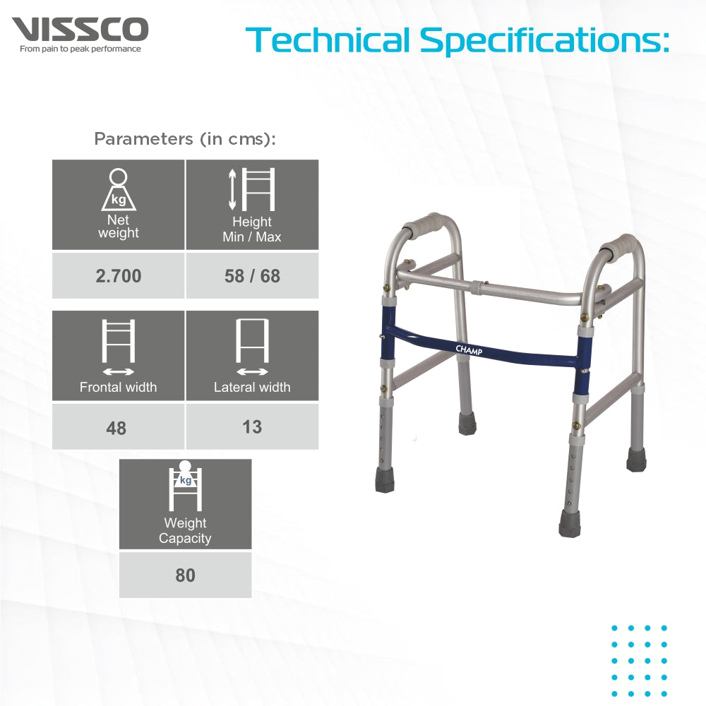 Champ Walker for Children | Foldable Walking Aid | Adjustable Height | Light Weight | With Premium Grade Rubber Shoes and PVC Grip (Grey) - Vissco Next