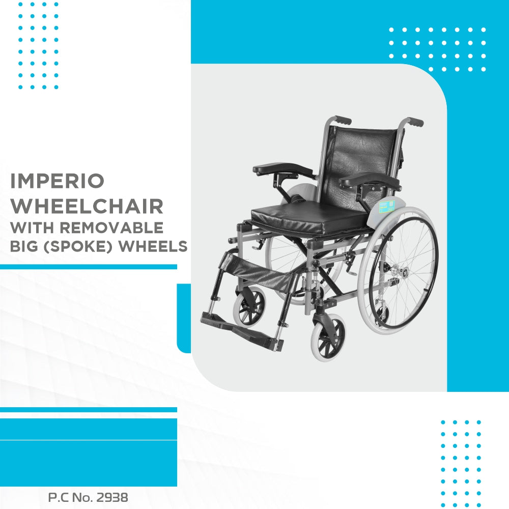 Imperio Wheelchair with Removable Big Wheels (Spoke) | Foldable | Swingable Armrest | Weight Bearing Capacity 110kg | Color (Blue/Grey) - Vissco Next