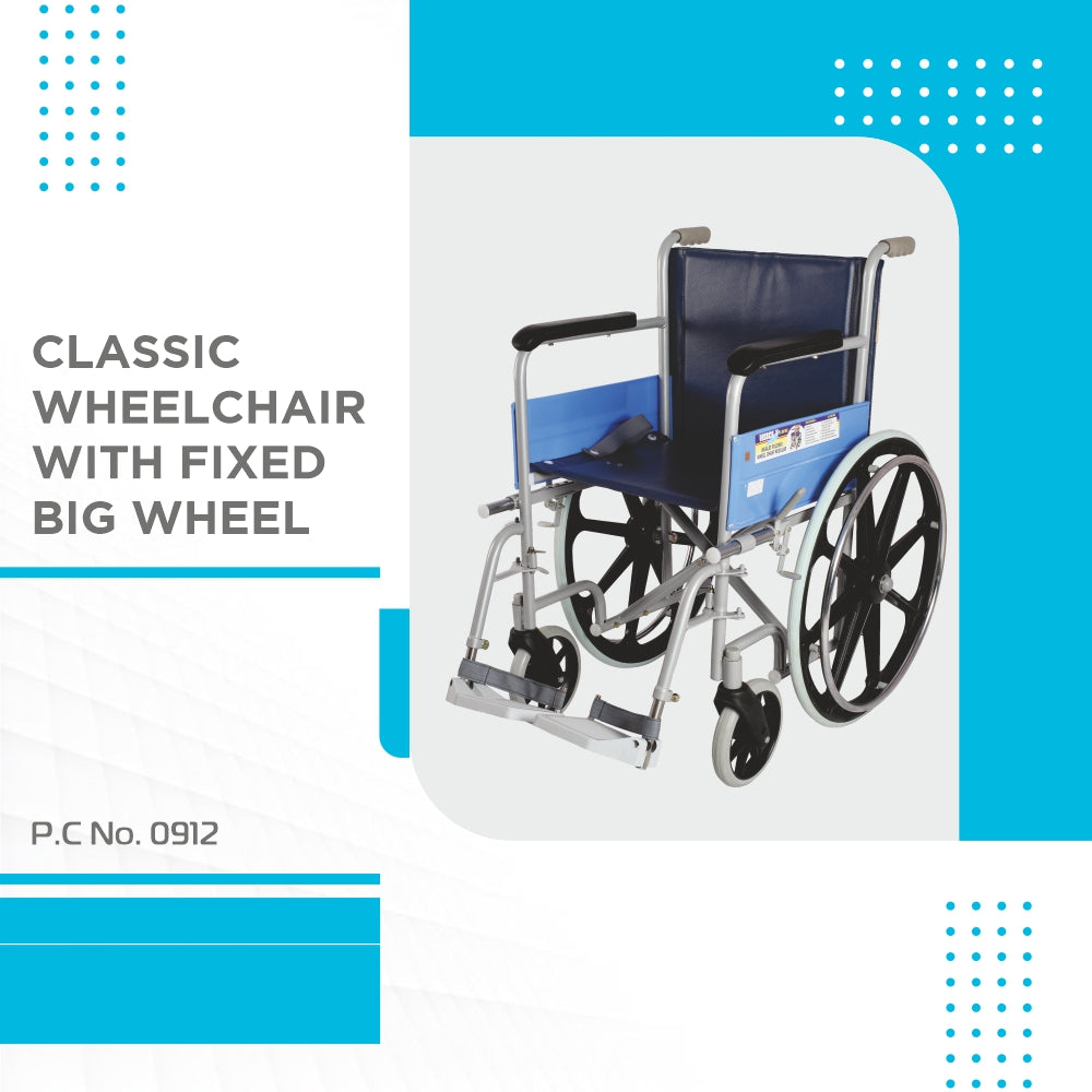 Classic Wheelchair With Fixed Big Wheel | Folding Mechanism & Fixed Armrest for Elderly & Physically Challenged | Weight Bearing Capacity 110kg (Grey)