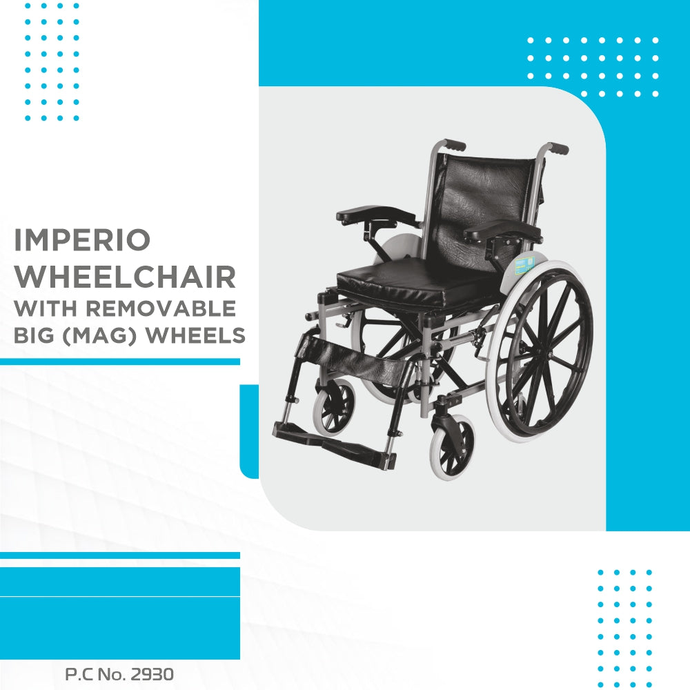 Imperio Wheelchair with Removable Big Wheels (Mag) | Foldable | Swingable Armrest | Weight Bearing Capacity 110kg | Color (Blue/Grey) - Vissco Next