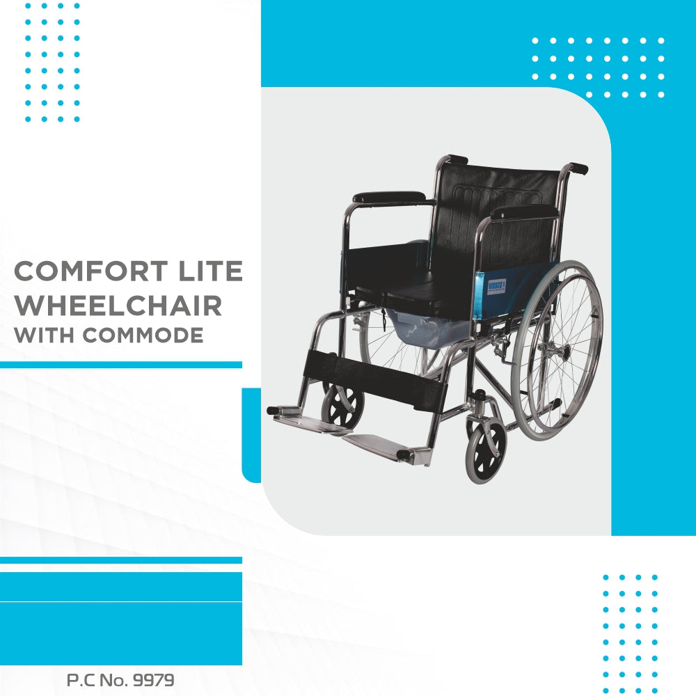 Comfort Lite Wheelchair with Commode | Back Rest and Arm Rest | Adjustable Height | Foldable | Weight Capacity 100kg | Color (Black)