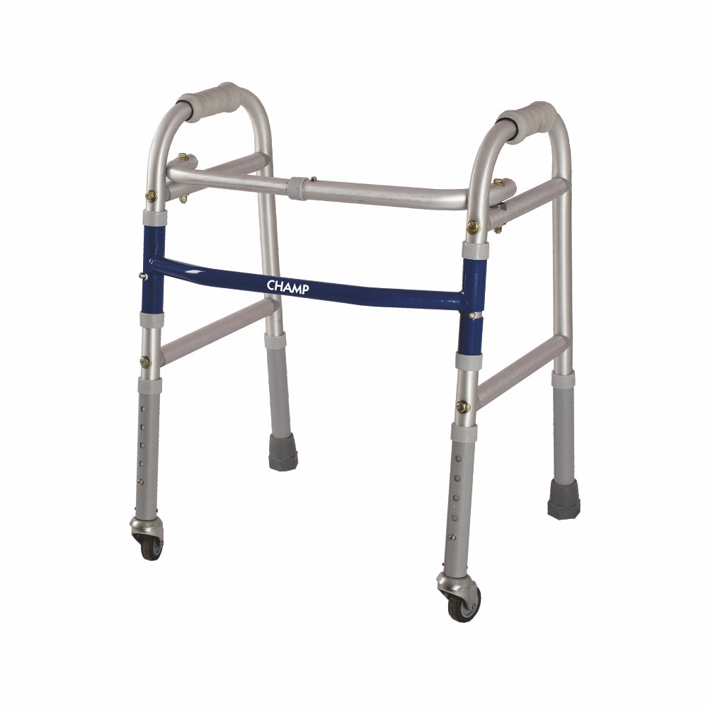 Champ Folding Walker for Childrens With Castors (Wheels) | Adjustable Height | Light Weight | Weight Bearing Capacity 80 kg | Grade Rubber Shoes & Foam Grip (Grey) - Vissco Next