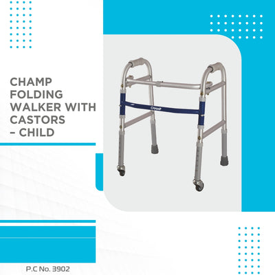 Champ Folding Walker for Childrens With Castors (Wheels) | Adjustable Height | Light Weight | Weight Bearing Capacity 80 kg | Grade Rubber Shoes & Foam Grip (Grey) - Vissco Next