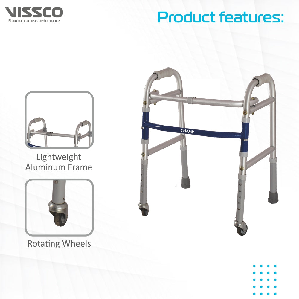 Champ Folding Walker for Childrens With Castors (Wheels) | Adjustable Height | Light Weight | Weight Bearing Capacity 80 kg | Grade Rubber Shoes & Foam Grip (Grey) - Vissco Next