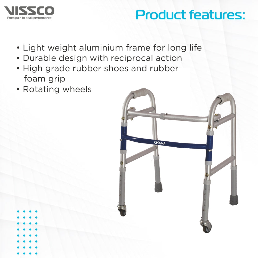 Champ Folding Walker for Childrens With Castors (Wheels) | Adjustable Height | Light Weight | Weight Bearing Capacity 80 kg | Grade Rubber Shoes & Foam Grip (Grey) - Vissco Next