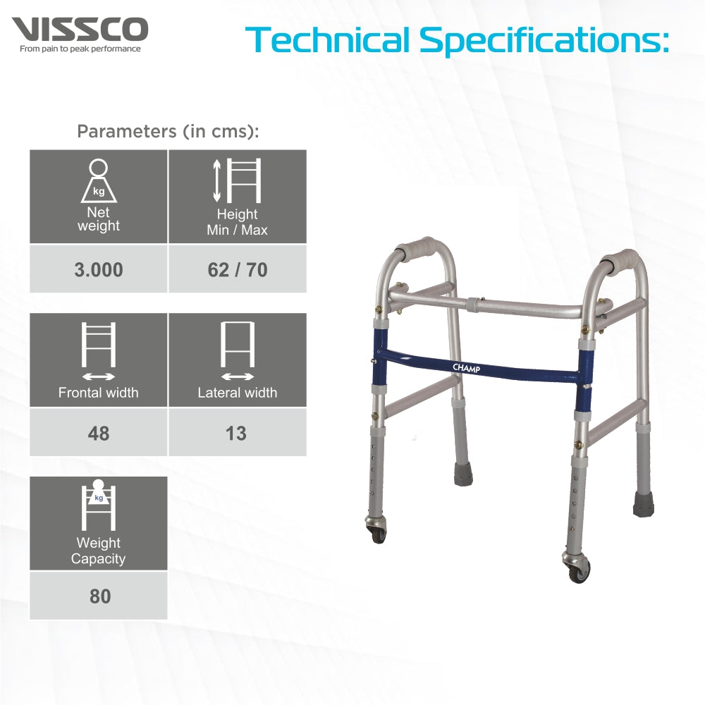 Champ Folding Walker for Childrens With Castors (Wheels) | Adjustable Height | Light Weight | Weight Bearing Capacity 80 kg | Grade Rubber Shoes & Foam Grip (Grey) - Vissco Next