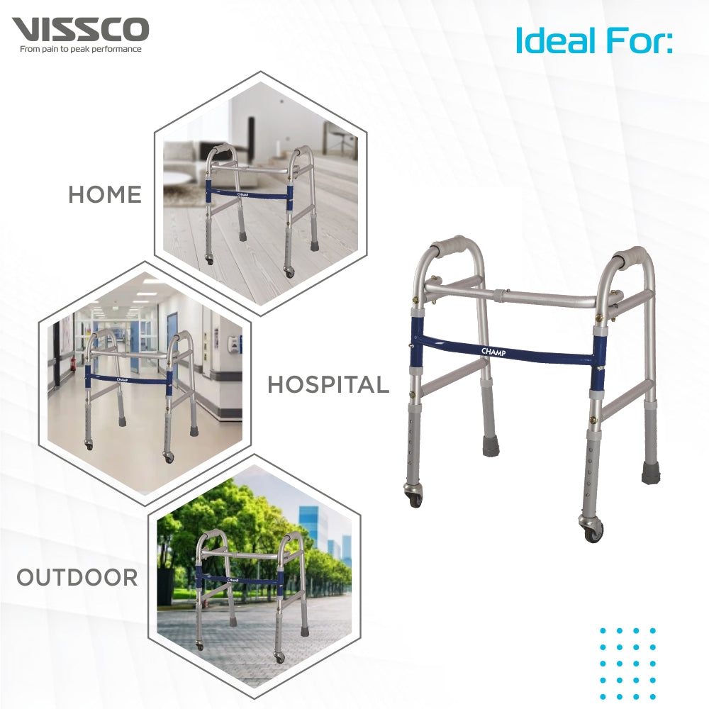 Champ Folding Walker for Childrens With Castors (Wheels) | Adjustable Height | Light Weight | Weight Bearing Capacity 80 kg | Grade Rubber Shoes & Foam Grip (Grey) - Vissco Next