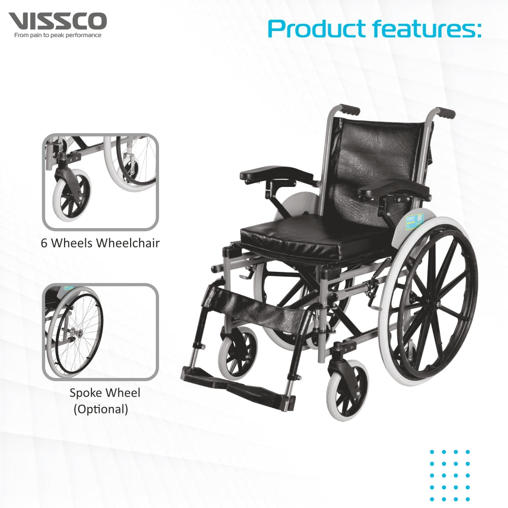 Imperio Wheelchair with Removable Big Wheels (Mag) | Foldable | Swingable Armrest | Weight Bearing Capacity 110kg | Color (Blue/Grey) - Vissco Next