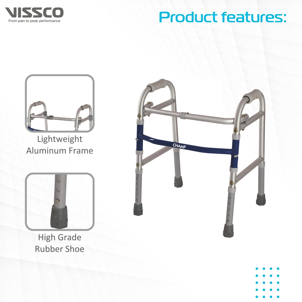 Champ Walker for Children | Foldable Walking Aid | Adjustable Height | Light Weight | With Premium Grade Rubber Shoes and PVC Grip (Grey) - Vissco Next