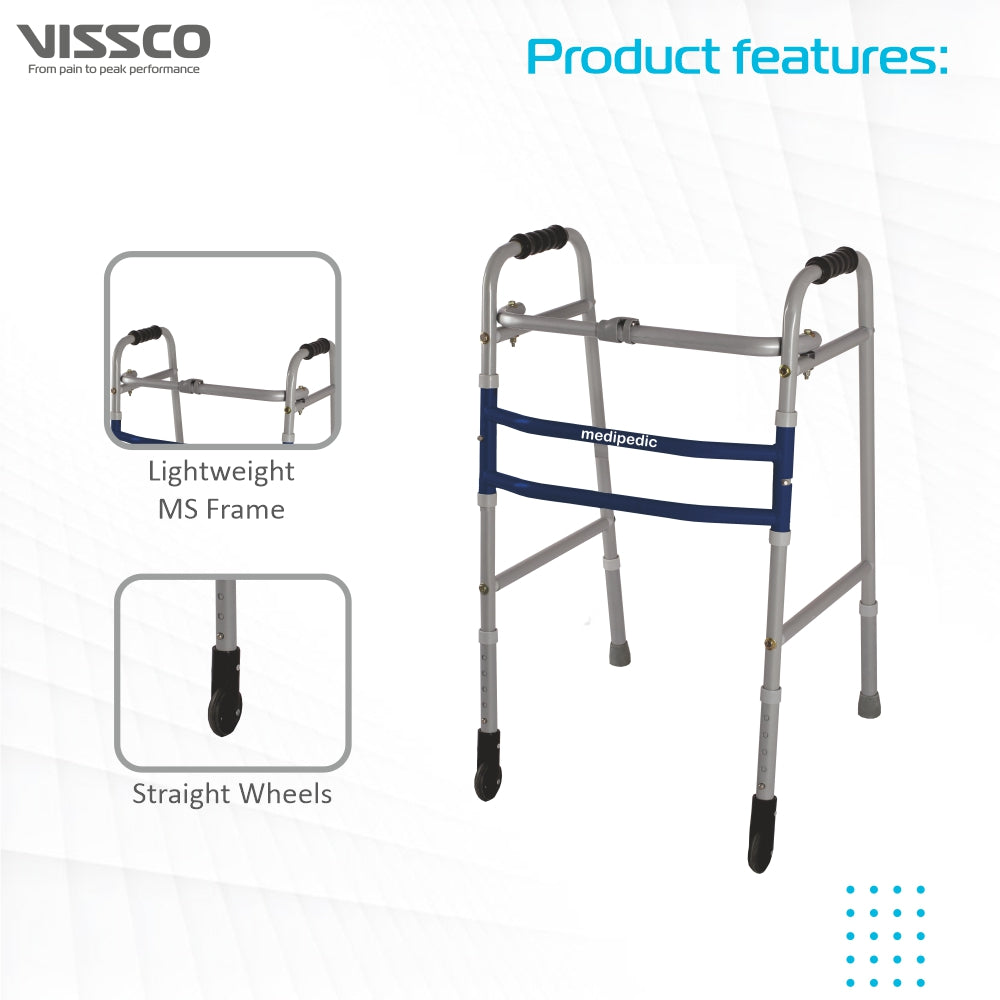 Medipedic Walker with Straight Castor - Single Bar for Physically Challenged | Mild Steel | Foldable | Light Weight & Adjustable Height (Grey) - Vissco Next