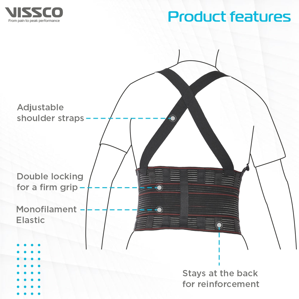 Vissco Back Support Industrial Belt For Back Injury Due To Heavy Weight Lifting, Lumbar Strain / Sprain, Back Pain Relief - (Black) - Vissco Rehabilitation 