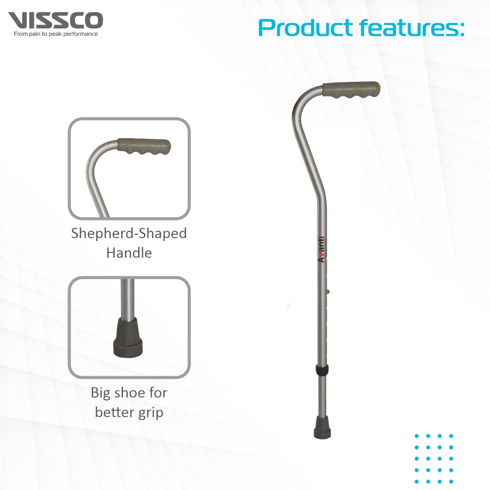 Avanti Sheperd Shape Single Stick for Physically Challeged | Light Weight & Adjustable Height (Grey) - Vissco Next