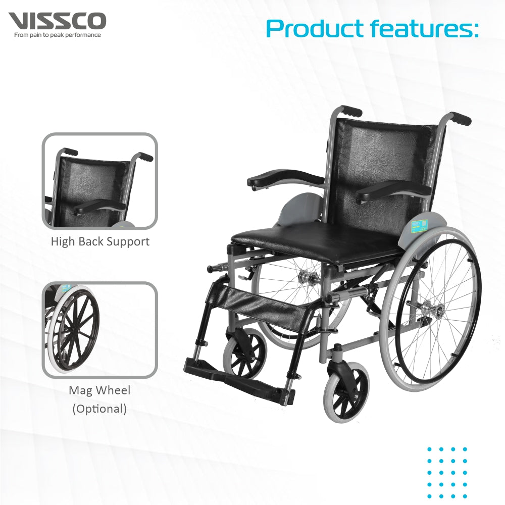 Imperio Wheelchair with Fixed Big Wheels (Spoke) | Fixed Armrest | Foldable | Weight Bearing Capacity 110kg | Color (Blue/Grey) - Vissco Next